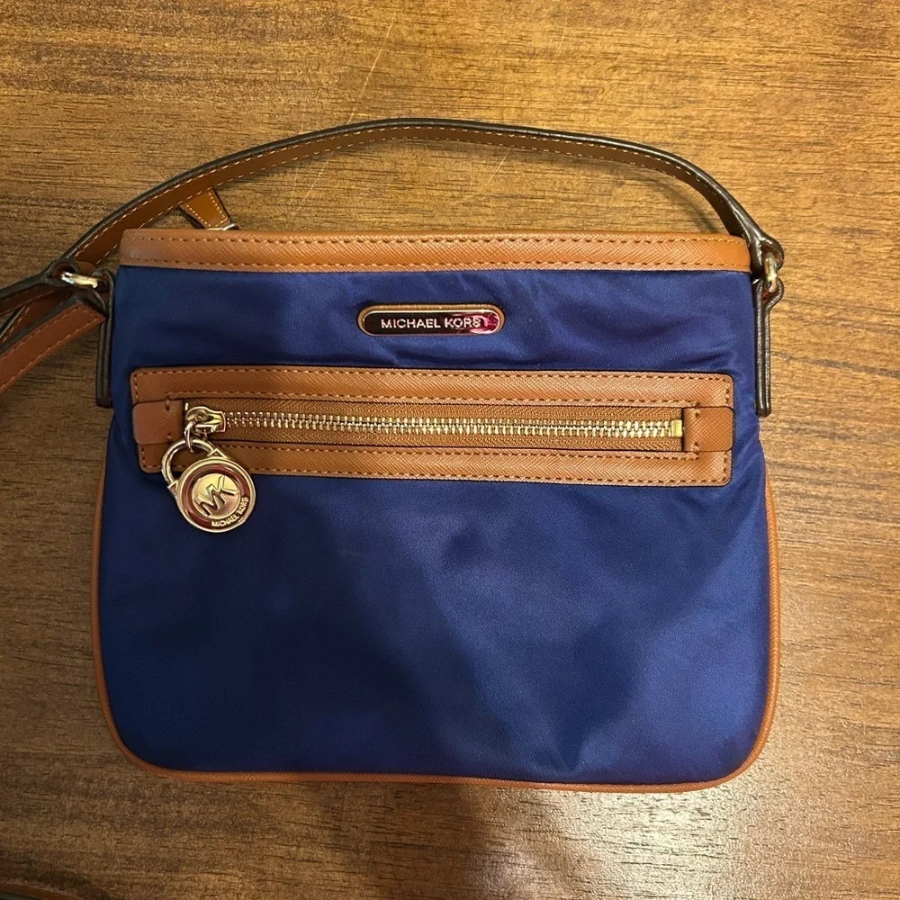 Michael Kors Kempton Blue and Tan Nylon Crossbody Purse